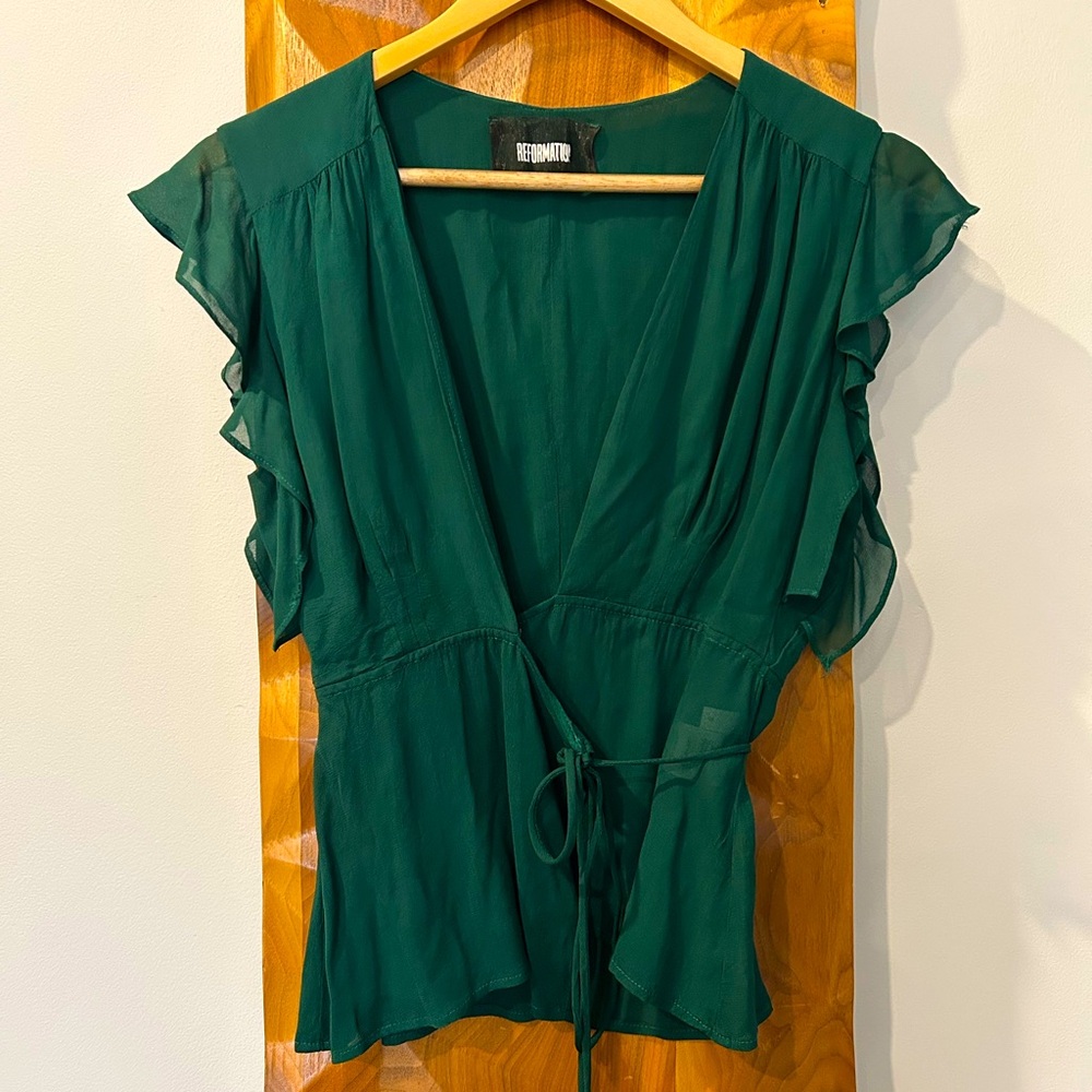 Reformation Green Flutter Cap Sleeve Wrap Blouse Size S